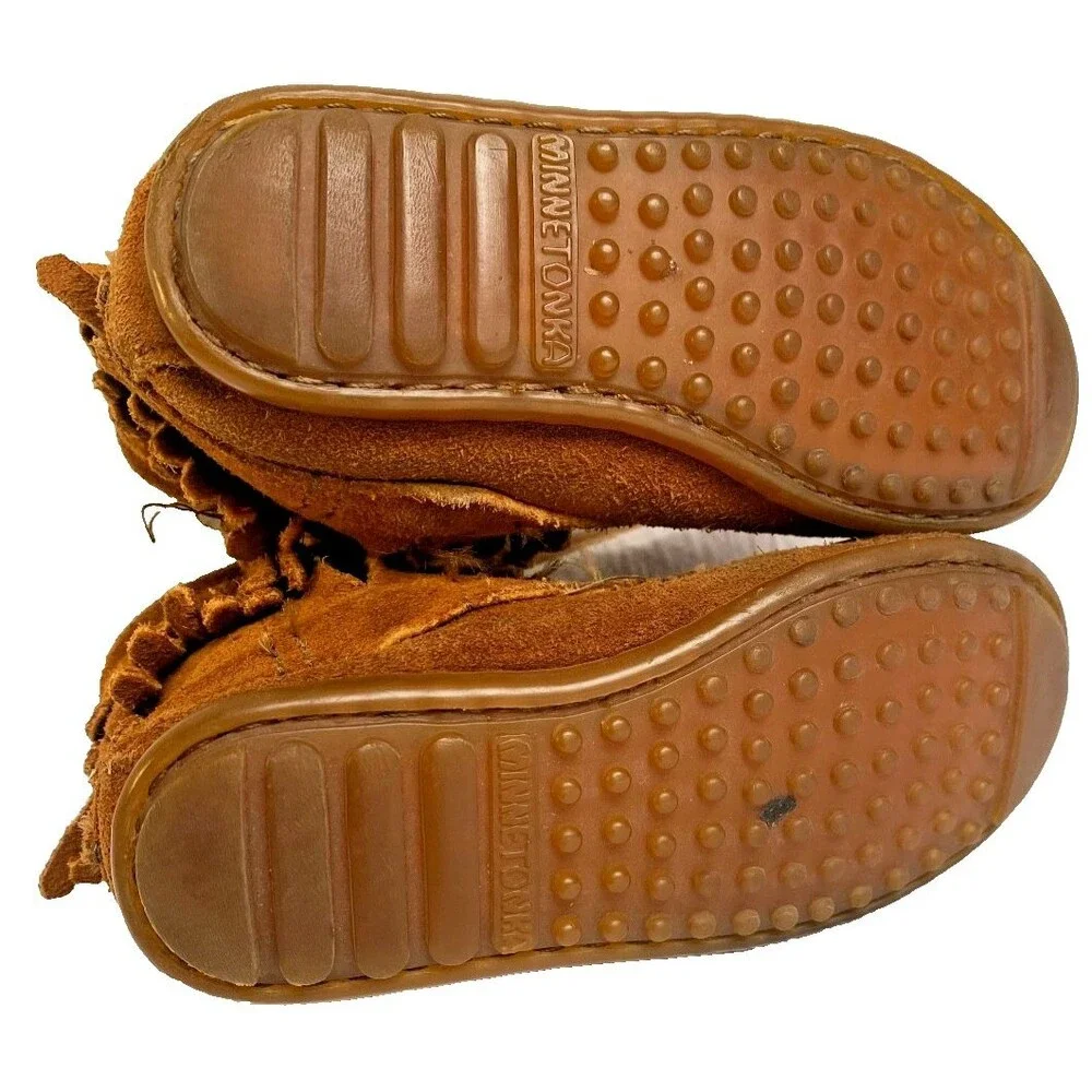 Minnetonka Girl's Brown Suede Leather Fringe Ankle Boots Moccasin Zipper -Sz 9T